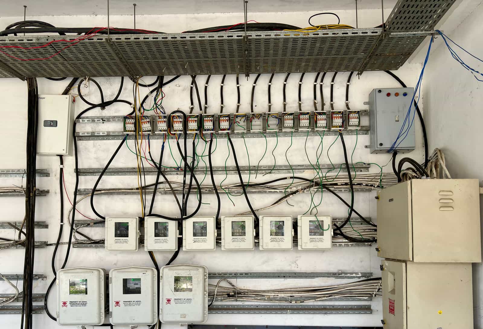 An electrical breaker panel with circuit breakers